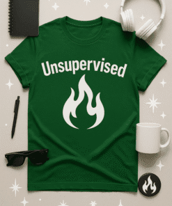 Unsupervised fire graphic on green t-shirt for casual streetwear enthusiasts.
