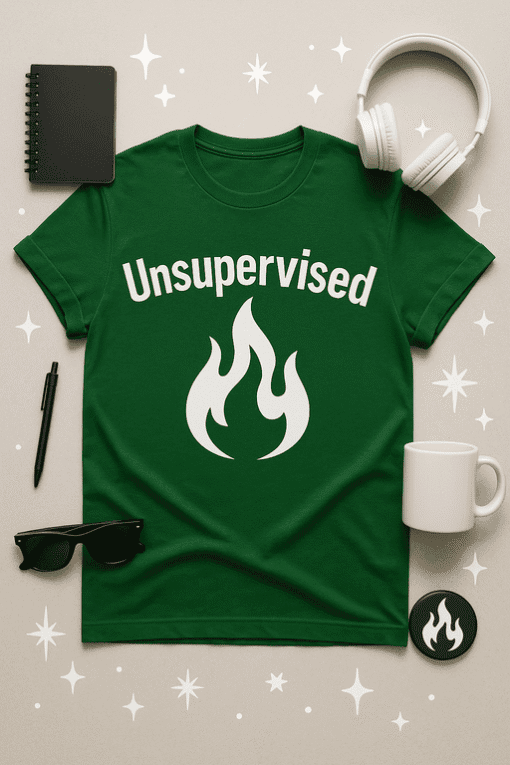 Unsupervised fire graphic on green t-shirt for casual streetwear enthusiasts.