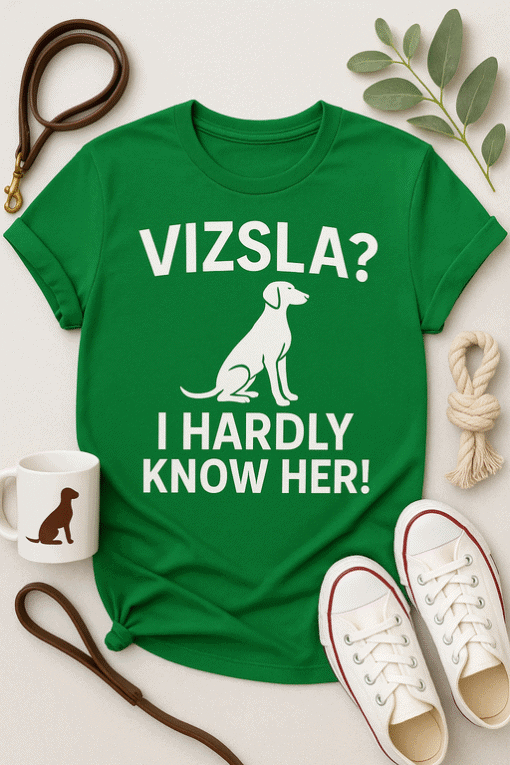 Dog humor T-shirt with funny text about Vizsla breed for dog lovers and pet enthusiasts.