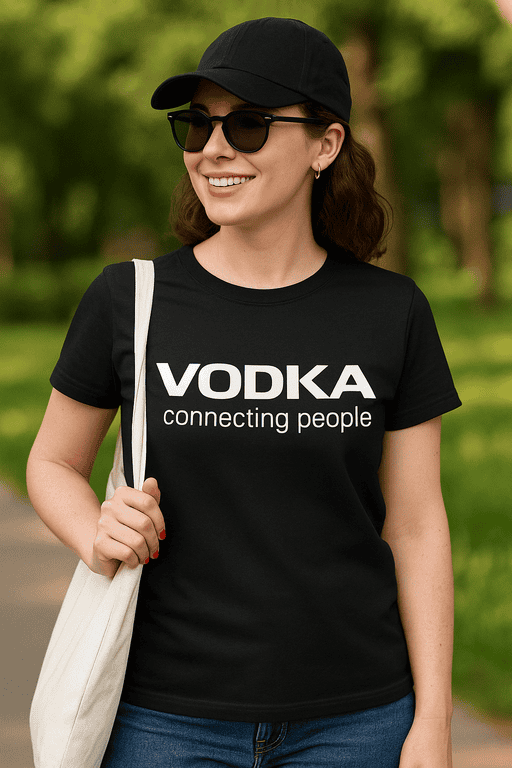 VODKA connecting people funny t-shirt design, casual women’s tee outdoor setting, trendy graphic tee, witty fashion statement, unique gift idea.