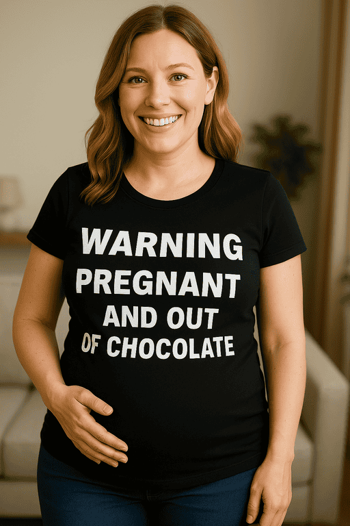 Pregnant woman wearing humorous black T-shirt with warning message about pregnancy and chocolate.
