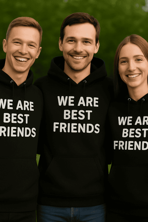 Best friends matching hoodies, friendship goals, stylish casual wear for friends, T-shirtplease.com.