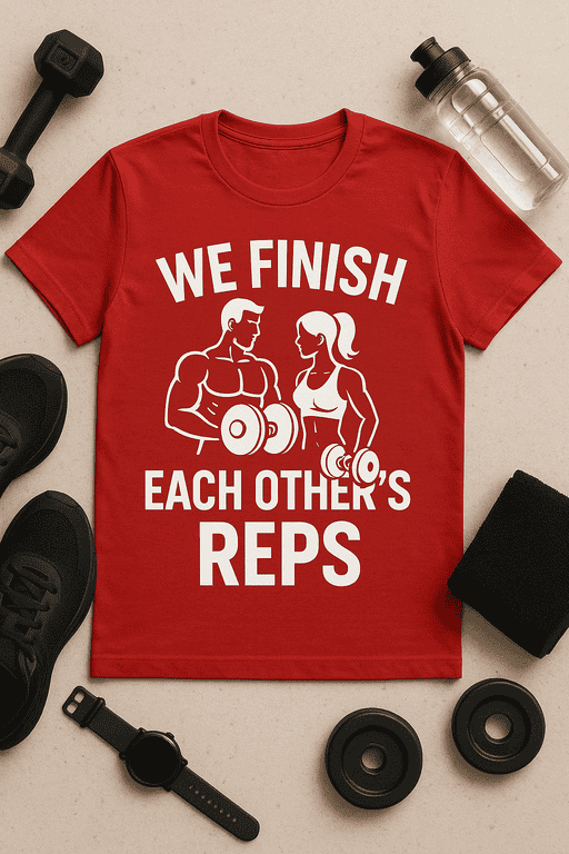 1. Athletic couple fitness T-shirt with humorous quote about reps and workouts.