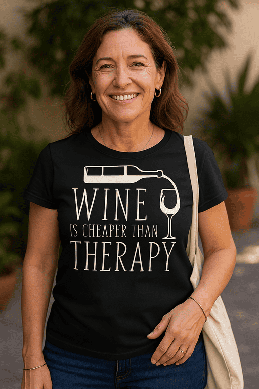 1. Woman wearing a black wine-themed T-shirt with the message "Wine is Cheaper Than Therapy".