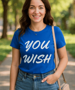 Wish slogan t-shirt, casual woman style, outdoor park, comfortable everyday wear.