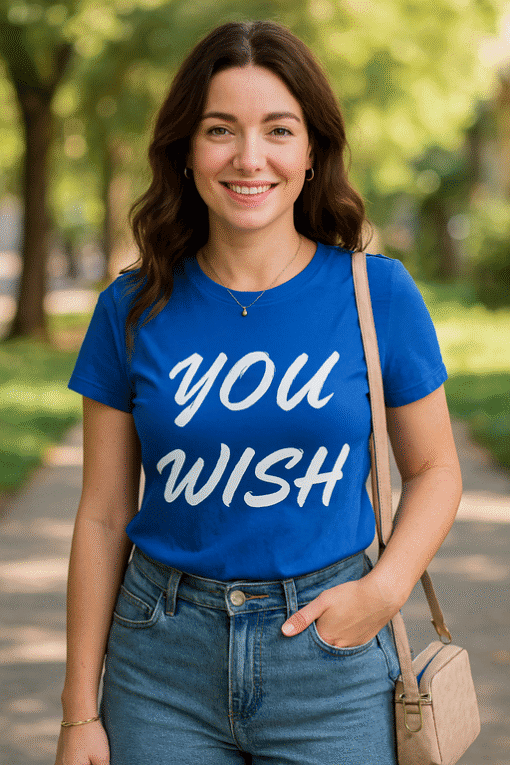 Wish slogan t-shirt, casual woman style, outdoor park, comfortable everyday wear.