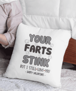 Your Farts Stink Funny Valentine's Day Pillow with Humorous Text for Gag Gift.