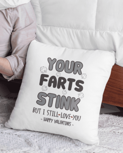 Your Farts Stink Funny Valentine's Day Pillow with Humorous Text for Gag Gift.