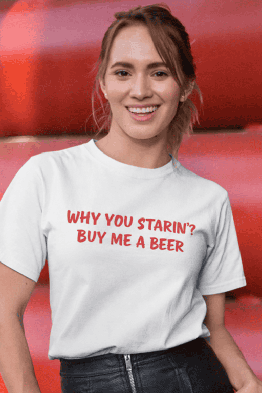 - Funny beer slogan T-shirt for casual wear.