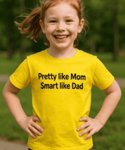Girl wearing bright yellow t-shirt with humorous parenting quote in park setting, kids fashion, fun family style, casual kids wear, tee for children.