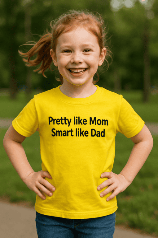 Girl wearing bright yellow t-shirt with humorous parenting quote in park setting, kids fashion, fun family style, casual kids wear, tee for children.