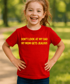 Happy kid wearing red funny T-shirt with humorous message about family jealousy outdoors.