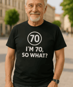 Happy 70th birthday T-shirt for men celebrating milestone age.