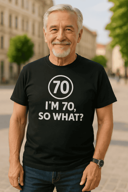 Happy 70th birthday T-shirt for men celebrating milestone age.