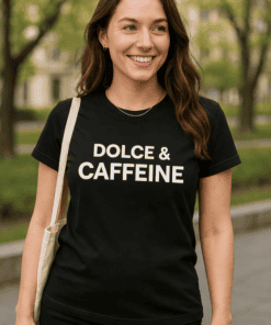 Bold woman wearing a black T-shirt with white text, smiling outdoors in a park.