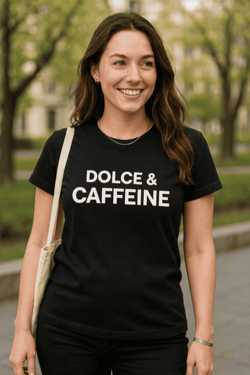 Bold woman wearing a black T-shirt with white text, smiling outdoors in a park.