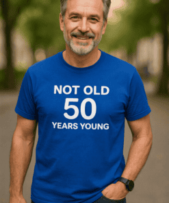 1. Man in blue T-shirt celebrating 50th birthday, "Not Old 50 Years Young".