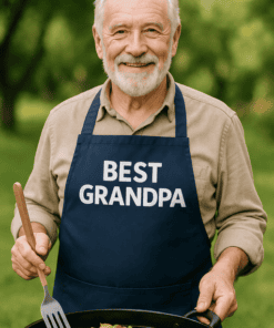Grandpa grilling colorful vegetable skewers outdoors, wearing an apron that says "Best Grandpa".