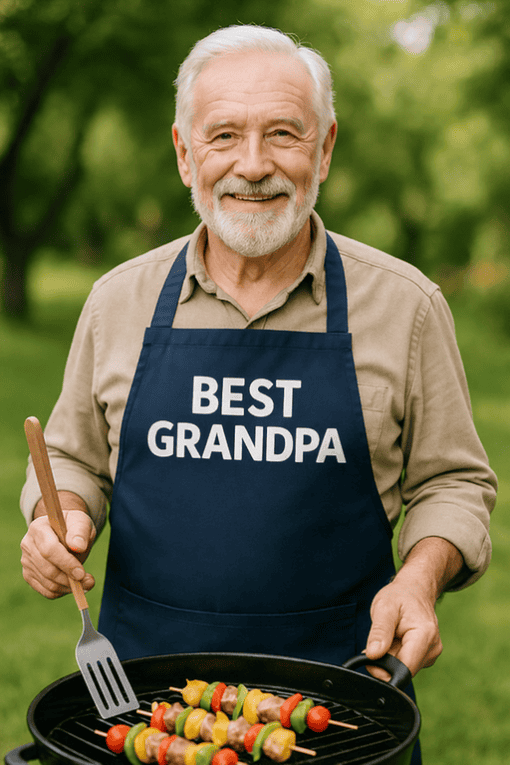 Grandpa grilling colorful vegetable skewers outdoors, wearing an apron that says "Best Grandpa".