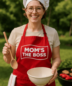1. Smiling woman in chef hat and apron with "Mom's the Boss" text outdoors.