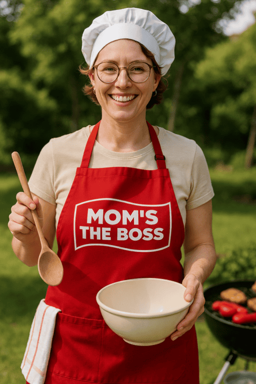 1. Smiling woman in chef hat and apron with "Mom's the Boss" text outdoors.