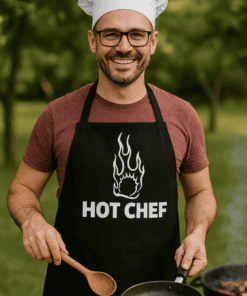 1. Chef wearing apron and hat cooking outdoors with a skillet of sizzling meat.