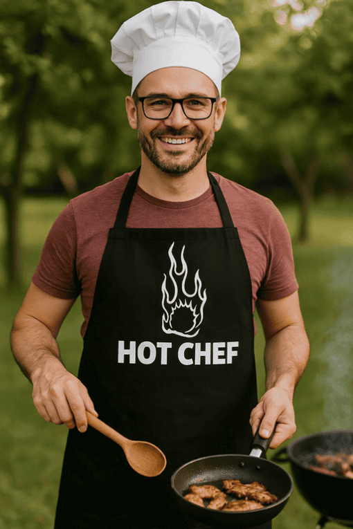 1. Chef wearing apron and hat cooking outdoors with a skillet of sizzling meat.