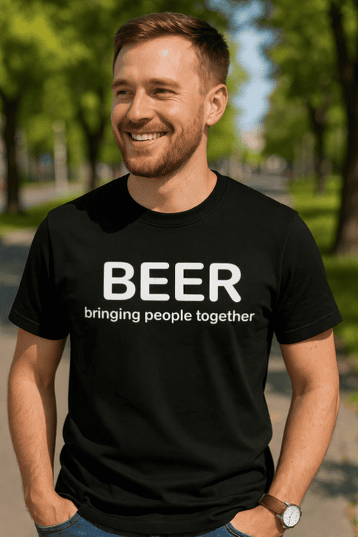 Beer enthusiast t-shirt celebrating socializing and fun activities with friends in casual outdoor setting.