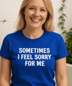 1. Women’s blue T-shirt with humorous message about feelings, casual streetwear fashion.