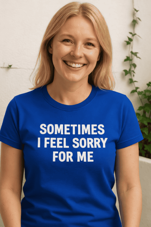 1. Women’s blue T-shirt with humorous message about feelings, casual streetwear fashion.