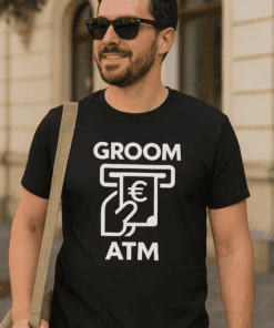 ATM groom humorous T-shirt, bachelor party gift for groom, funny wedding attire for men, casual bachelor tee.