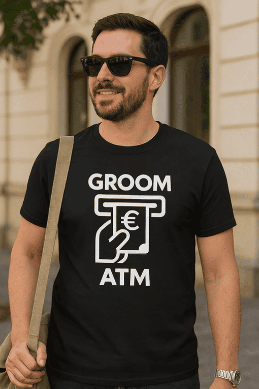 ATM groom humorous T-shirt, bachelor party gift for groom, funny wedding attire for men, casual bachelor tee.