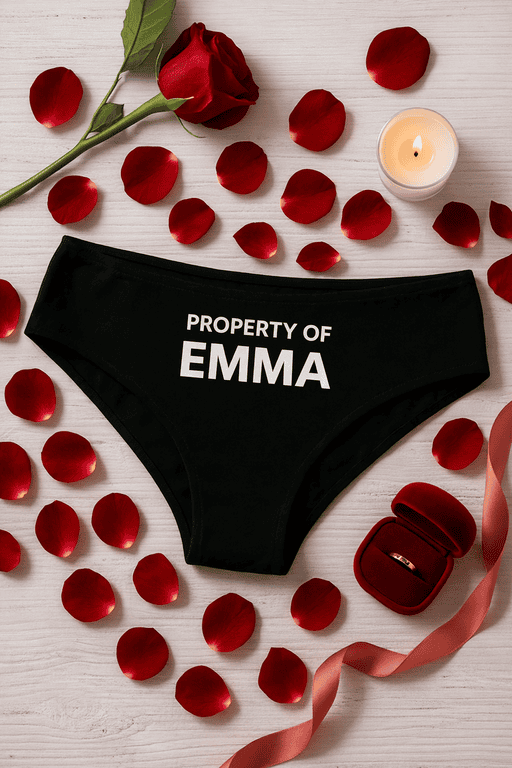 1. Custom personalized "PROPERTY OF EMMA" statement underwear for women, satin feel, unique gift idea.