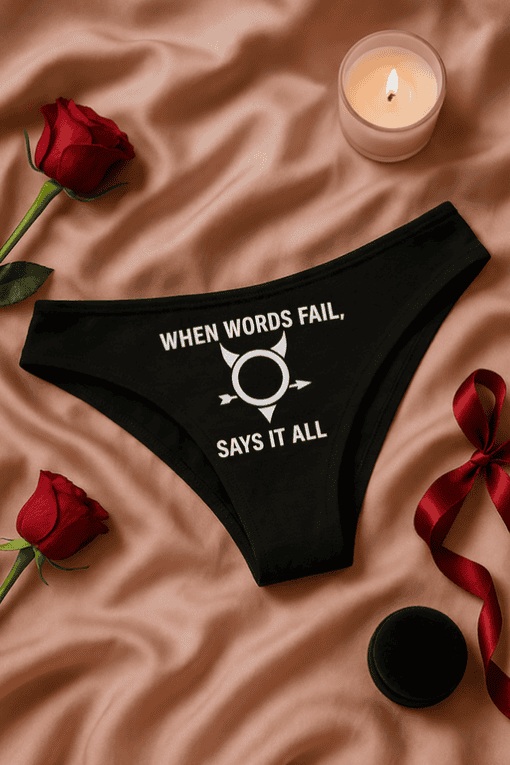 Bold black panties with humorous "When words fail, says it all" Norse mythology design, perfect for playful gift ideas.