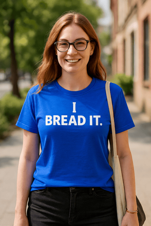 1. Funny blue t-shirt with "I BREAD IT" slogan for casual wear and humor.