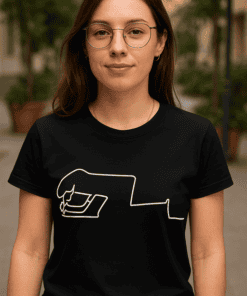 Comfortable black graphic t-shirt with minimalist line art design for casual style.