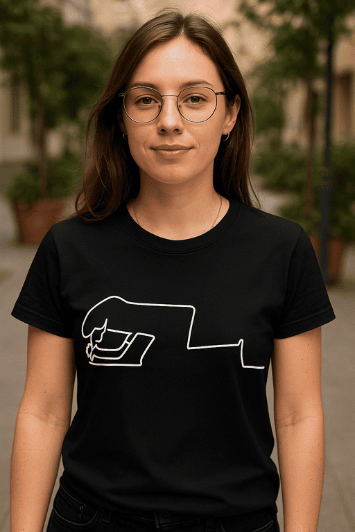 Comfortable black graphic t-shirt with minimalist line art design for casual style.