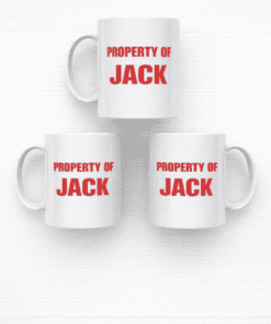 Property of Jack mug, personalized white ceramic coffee cup, perfect for gifts or branding.
