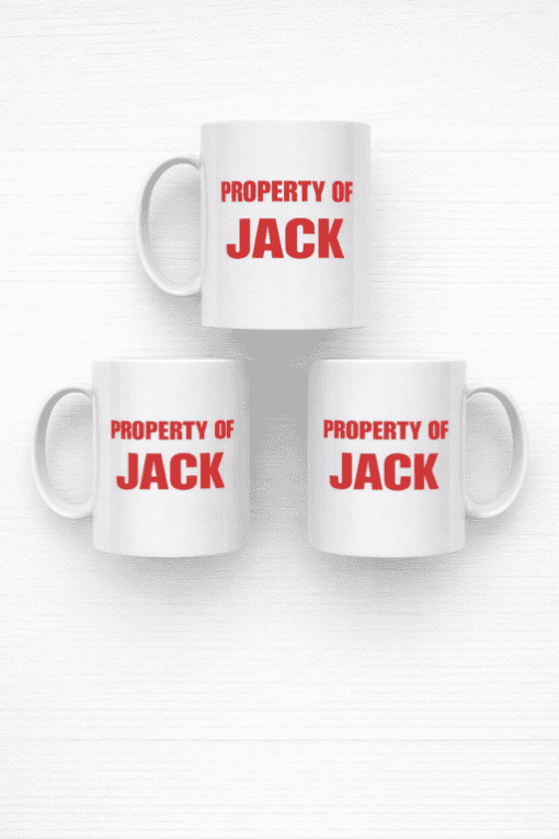 Property of Jack mug, personalized white ceramic coffee cup, perfect for gifts or branding.