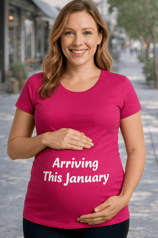 1. Maternity t-shirt with "Arriving This January" print, perfect for pregnancy announcements.