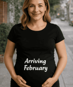 Cute maternity t-shirt with "Arriving February" message, perfect for pregnancy announcement by T-shirtplease.com.