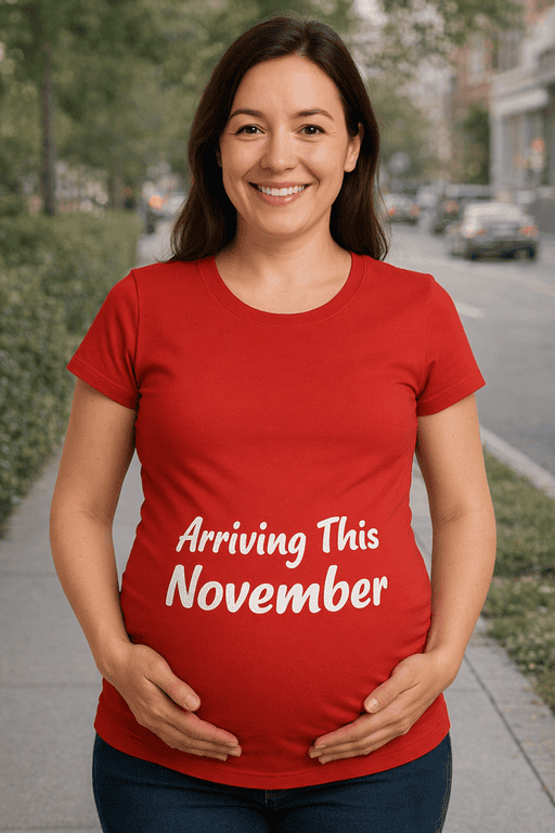 1. Pregnant woman wearing custom "Arriving This November" T-shirt for pregnancy announcement.