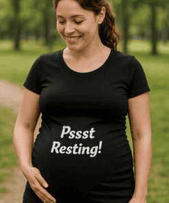 Relaxed fit women's maternity t-shirt with humorous "Pssst Resting!" slogan for comfortable pregnancy style.
