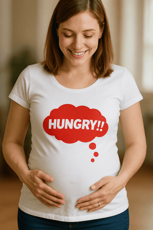 1. Hungry T-shirt with speech bubble design, casual wear for food lovers.