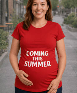 1. Women’s red maternity T-shirt with "Coming This Summer" quote for expecting moms.