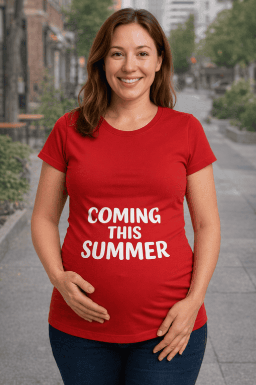 1. Women’s red maternity T-shirt with "Coming This Summer" quote for expecting moms.
