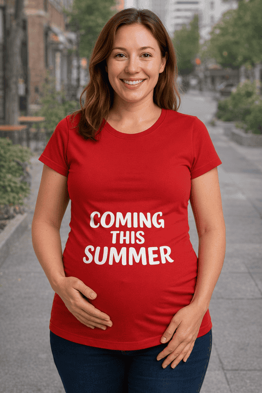 1. Women’s red maternity T-shirt with "Coming This Summer" quote for expecting moms.