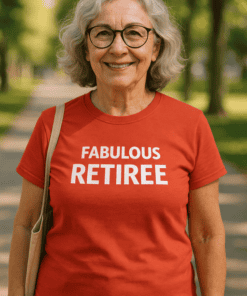 Elegant senior woman smiling outdoors wearing a red "Fabulous Retiree" T-shirt for retired life celebration.