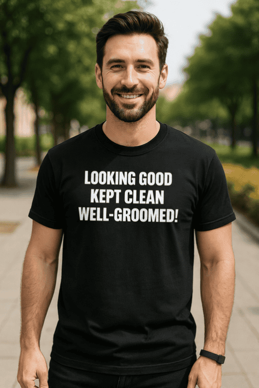 Clean men’s T-shirt with humorous text about grooming, perfect for casual wear.