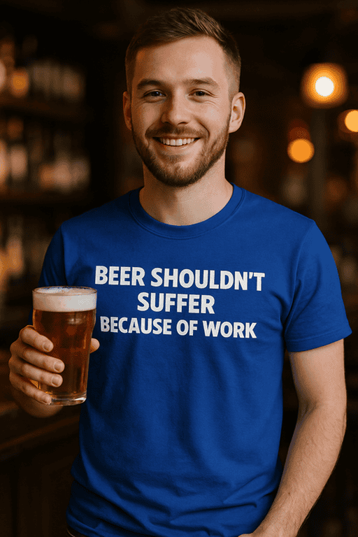 Beer meme shirt, funny phrase, casual wear, bar, pub, men's clothing, humorous tee, drink lover, social gathering, comfortable fashion.